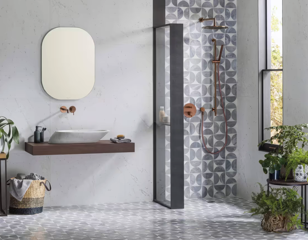 Figure Spiral Light Mosaic bathroom floor tiles stocked by Hyperion Tiles