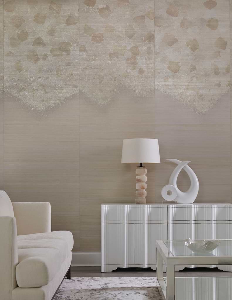 In a silver colourway, Phillip Jeffries' Metallic Ombre wallpaper stocked by Hyperion Tiles
