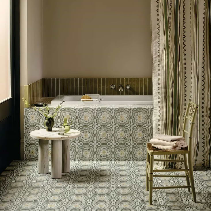 Nina Campbell Cochin Green Fired Earth tiles stocked by Hyperion Tiles