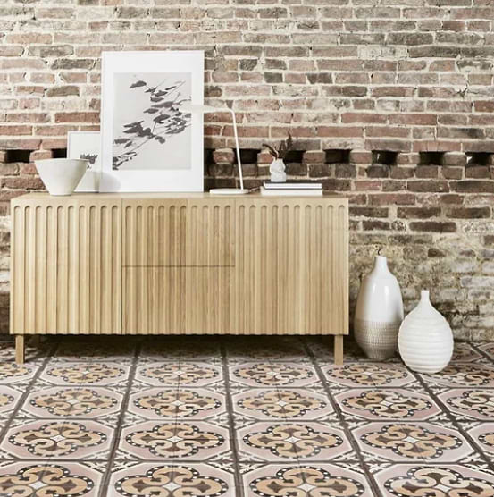 Amanacer Encaustic beige bathroom tiles by Bert & May for Hyperion Tiles