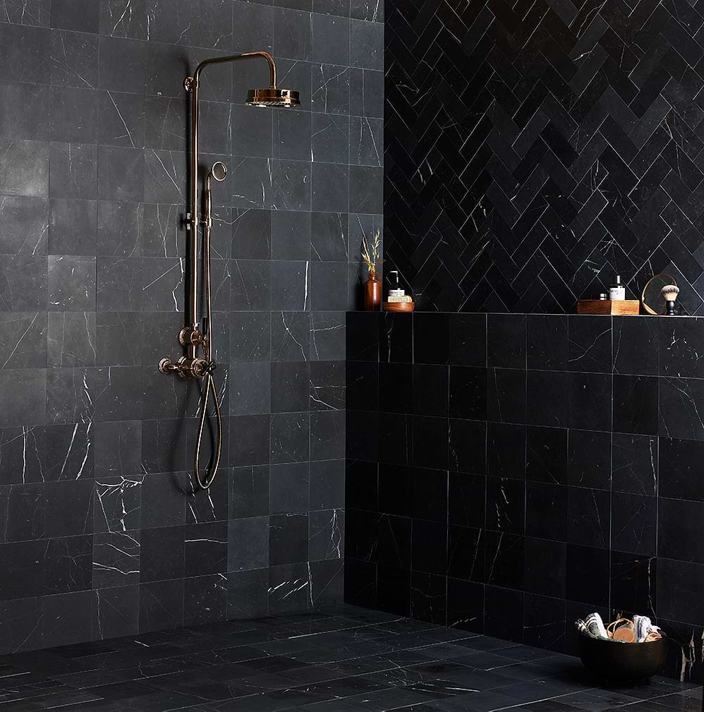 Black veined square honed marble and black herringbone honed marble tiles stocked by Hyperion Tiles