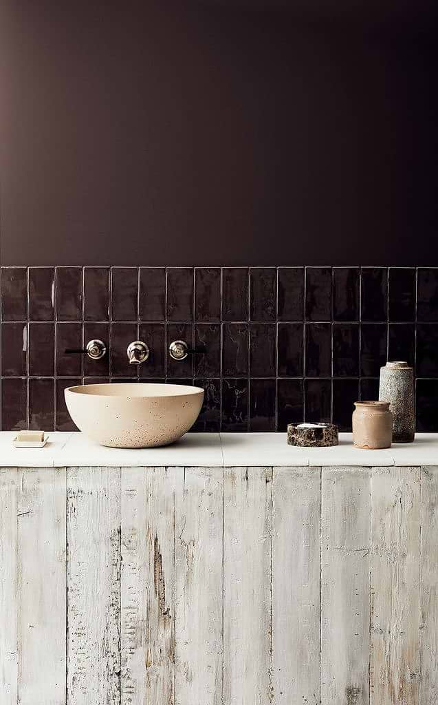 Bert & May Purple Brown Glazed Tiles with Kast concrete basin and Samuel Heath brassware for small bathroom ideas