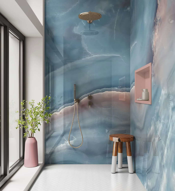 Blue Ocean Marble waterproof wall panels stocked by Hyperion Tiles