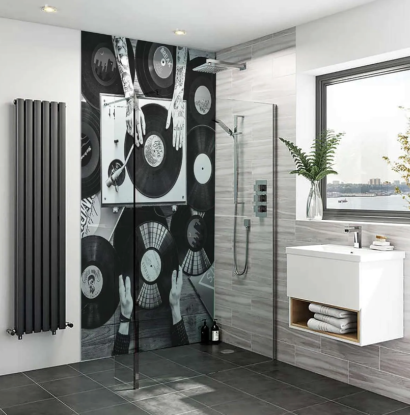 DJ Records wall panel install in shower area - panels stocked by Hyperion Tiles