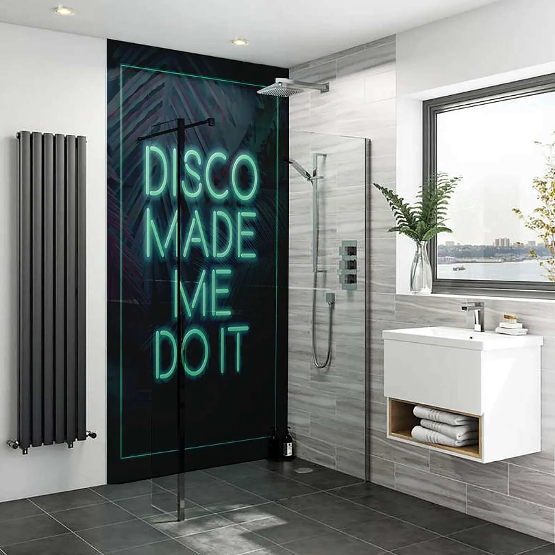 Disco Typography wall panel adds dimension to shower room stocked by Hyperion Tiles