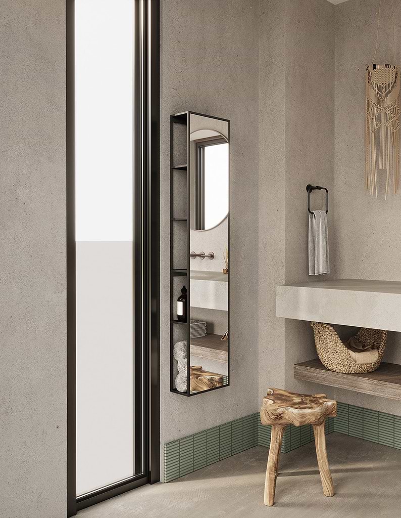 Our Dockside Mirror with Open Shelving by Origins Living stocked by Hyperion Tiles