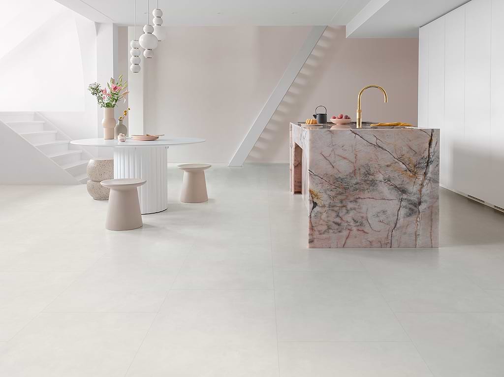 Polished concrete style flooring with Floorify F029 Coquille Big Vinyl Tiles stocked by Hyperion Tiles