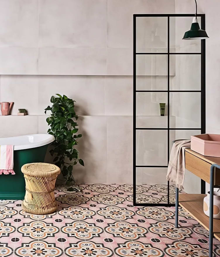 Textured bathroom floor tiles that ensure slip resistance.