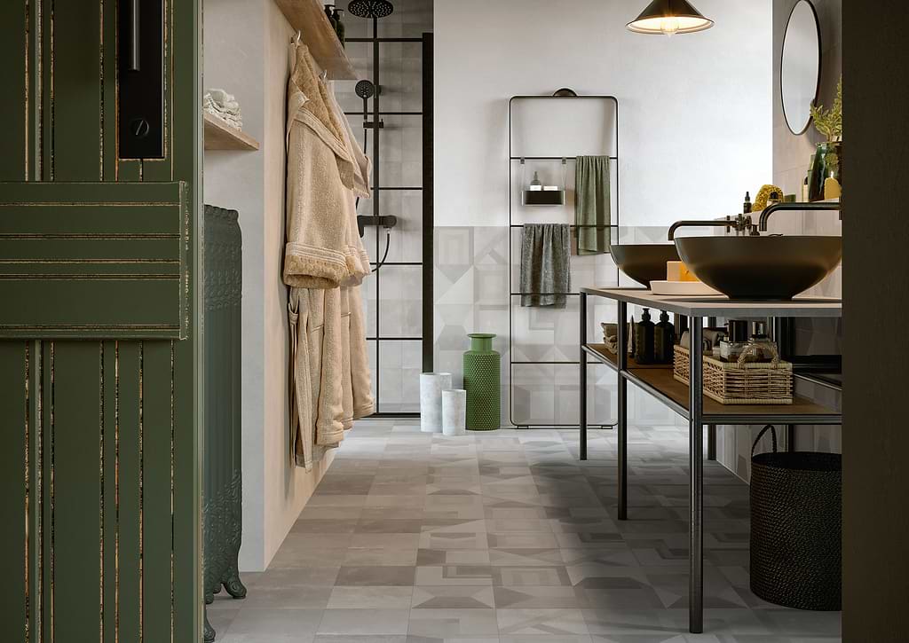 Bathroom featuring porcelain floor tiles which have been used on the wall and installed by a professional featuring Minoli tiles stocked by Hyperion Tiles