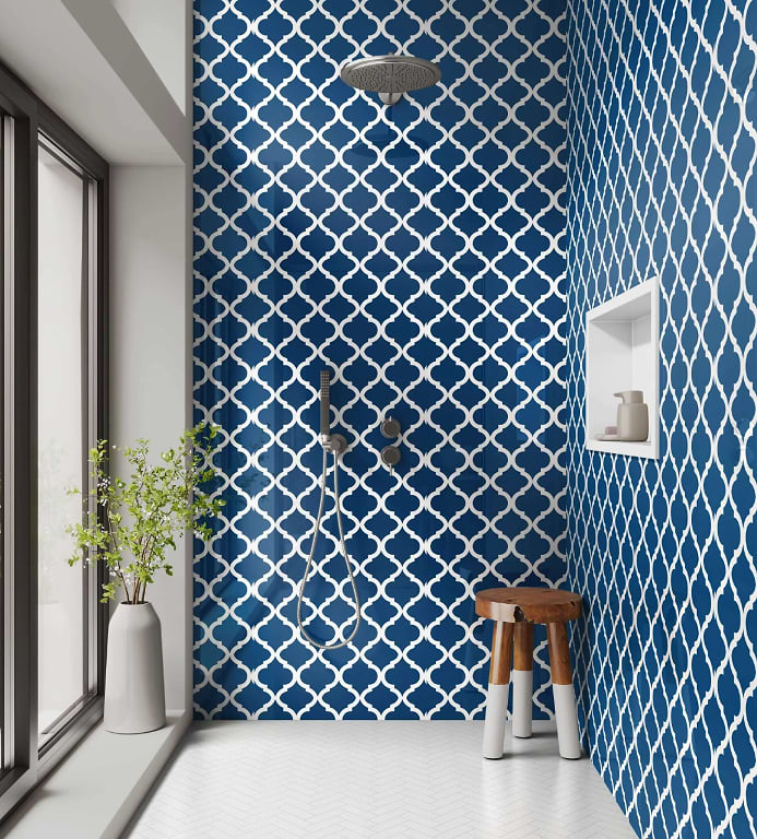Shower Panel Navy White Quatrefoil wall panel from the Abstract range stocked by Hyperion Tiles
