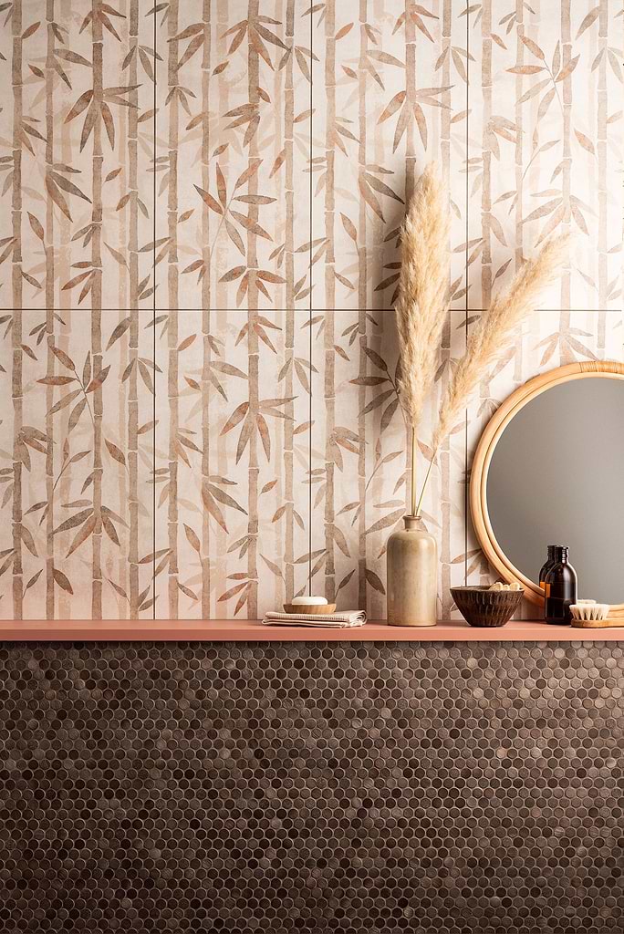 Beige tiles with a pattern in a bespoke bathroom stocked by Hyperion Tiles