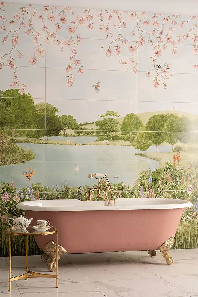 Original Style English Garden Wall Mural in three panels stocked by Hyperion Tiles