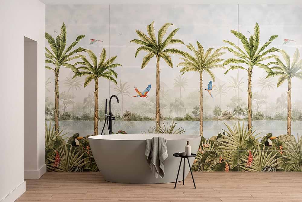 Original Style Living Murals Tropical Oasis with Alamo Natural Matt Wall Mural Tiles stocked by Hyperion Tiles