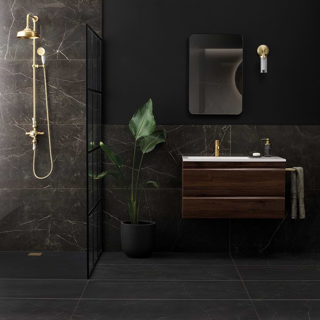 Walk in shower featuring Original Sty;e Marmi Nero Polished Tiles stocked by Hyperion Tiles