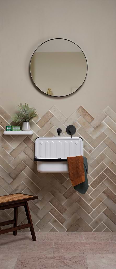 Beige bathroom tiles Ca' Pietra Pottery Porcelain Oatmeal Brick stocked by Hyperion Tiles