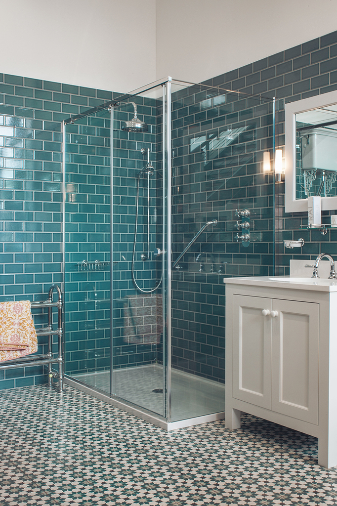 Infusion Amparo tiles in porcelain matt and Retro Metro green tiles from Hyperion Tiles