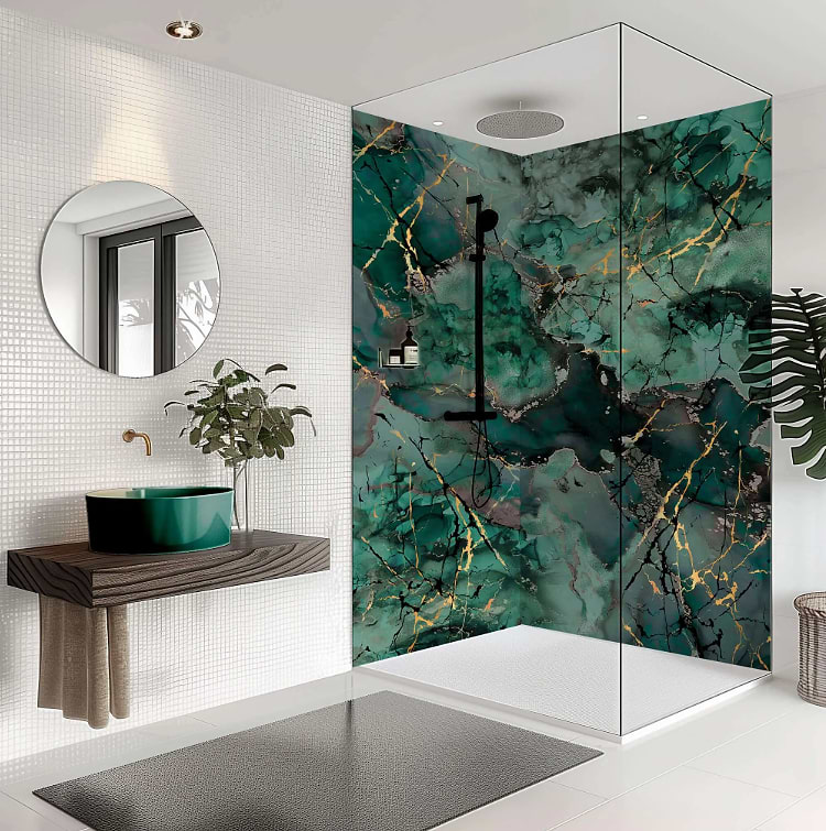 Liquid Marble teal wall panel for house stocked by Hyperion Tiles