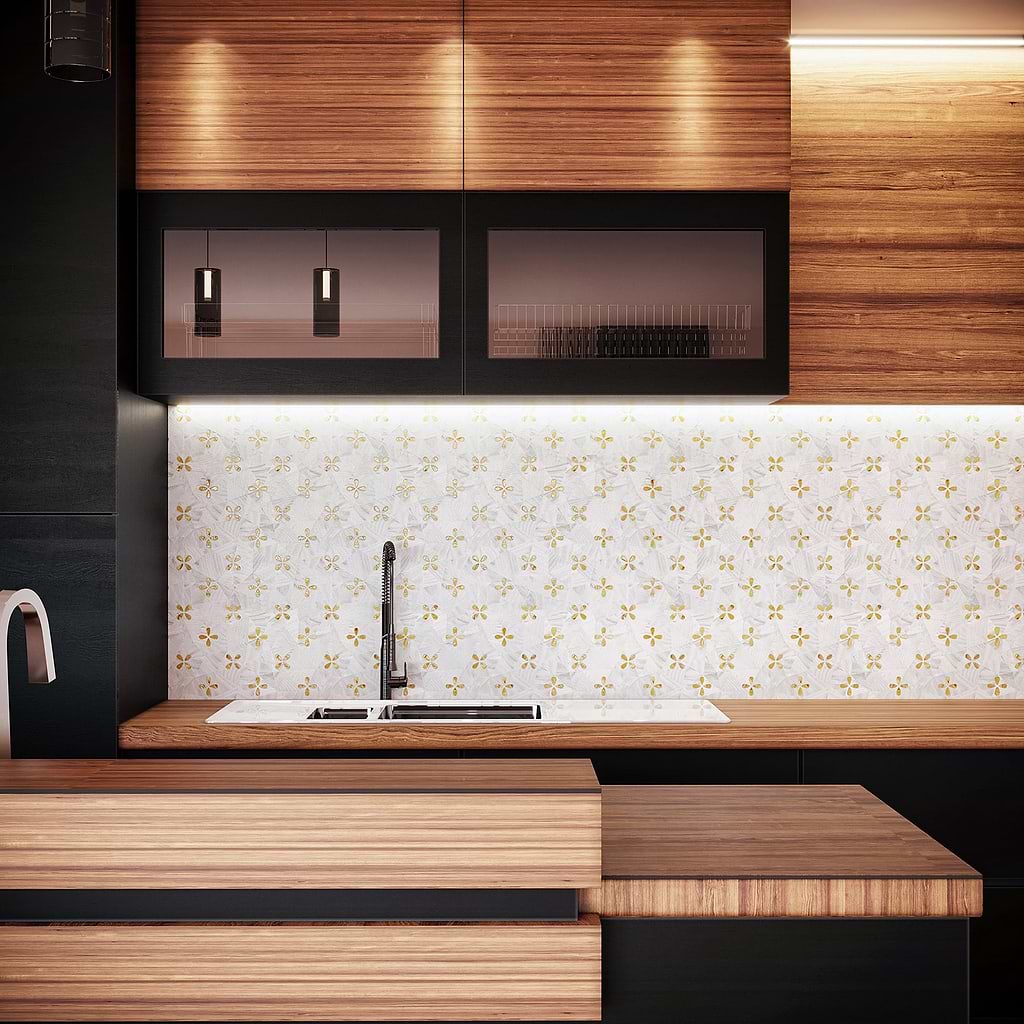 Decorative panels create patterned tiles by Siminetti and stocked by Hyperion Tiles