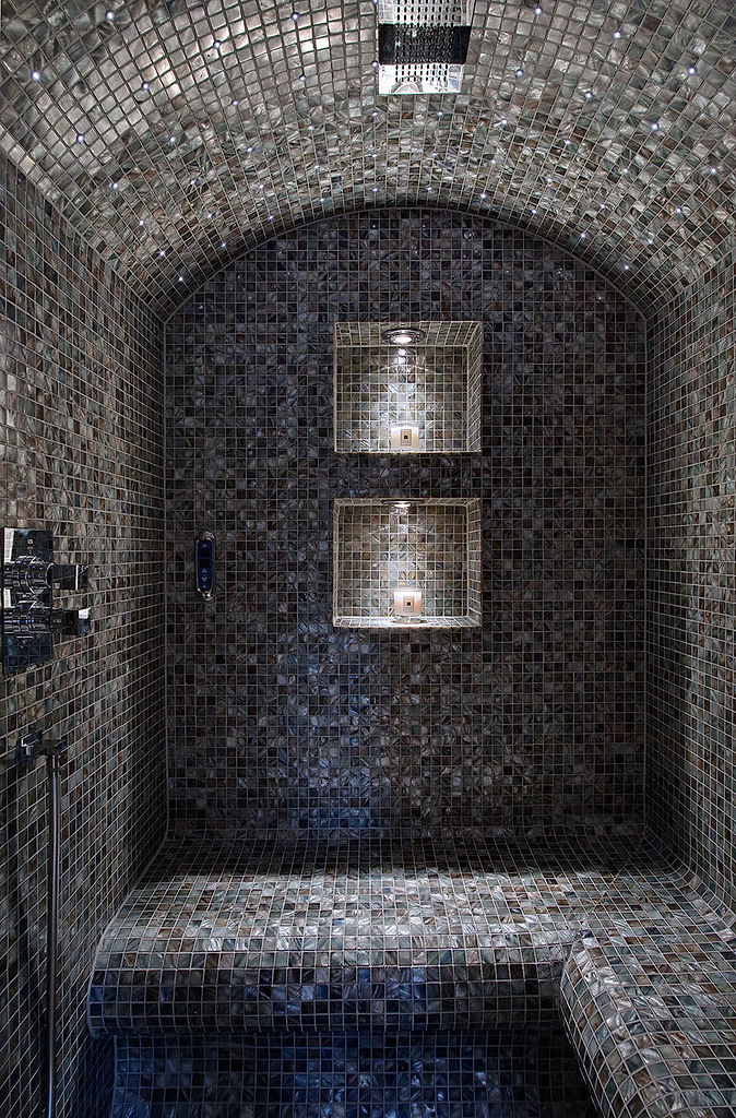 Siminetti Anthracite 25mm  Bathroom Mosaic Tiles showcased in sauna