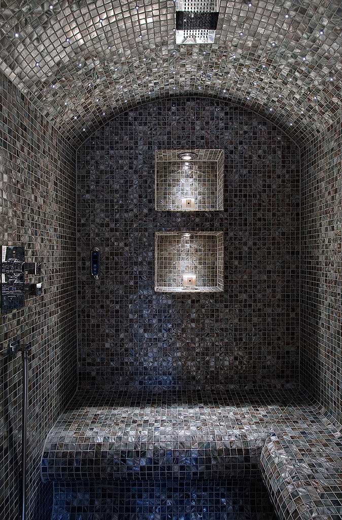 Siminetti Anthracite 25mm  Bathroom Mosaic Tiles showcased in sauna