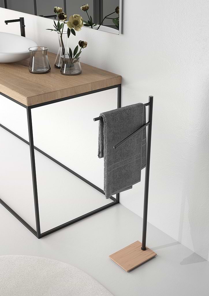 Origins Living's Trilly towel stand in black bamboo stocked by Hyperion Tiles