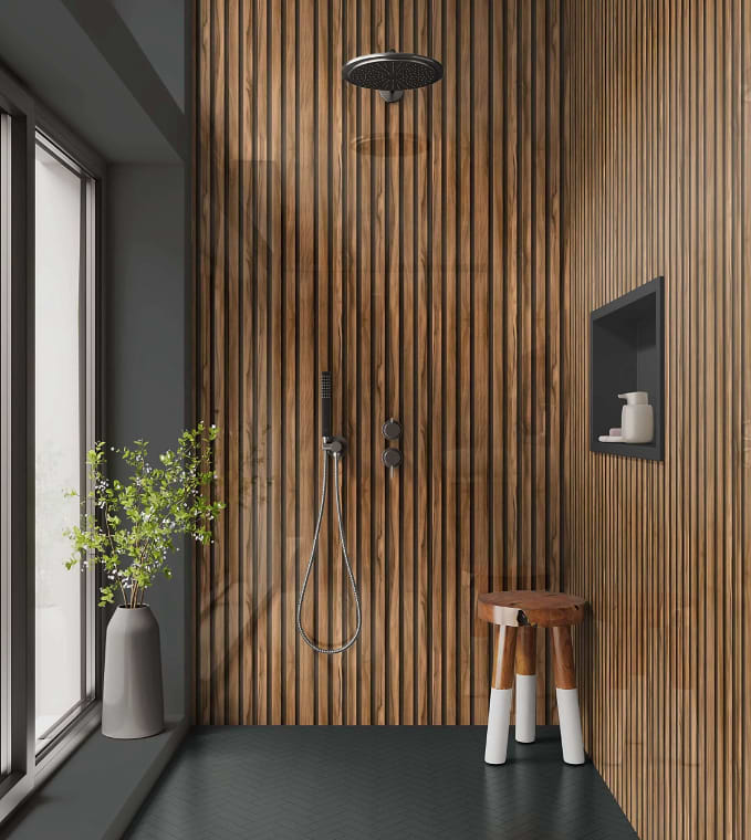 Walnut Acoustic Slatted wall panels stocked by Hyperion Tiles