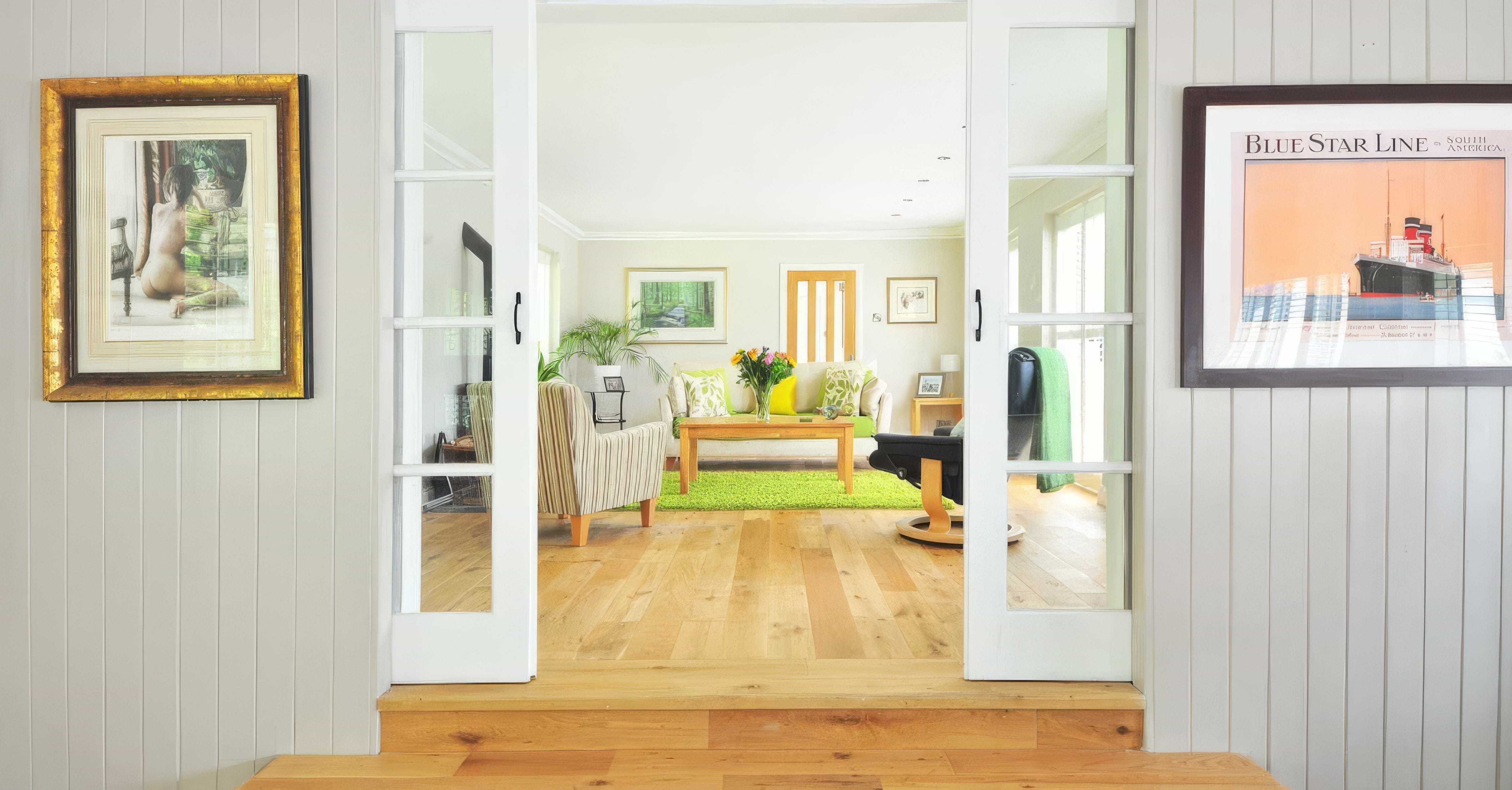 Various flooring types in an open plan modern living room.