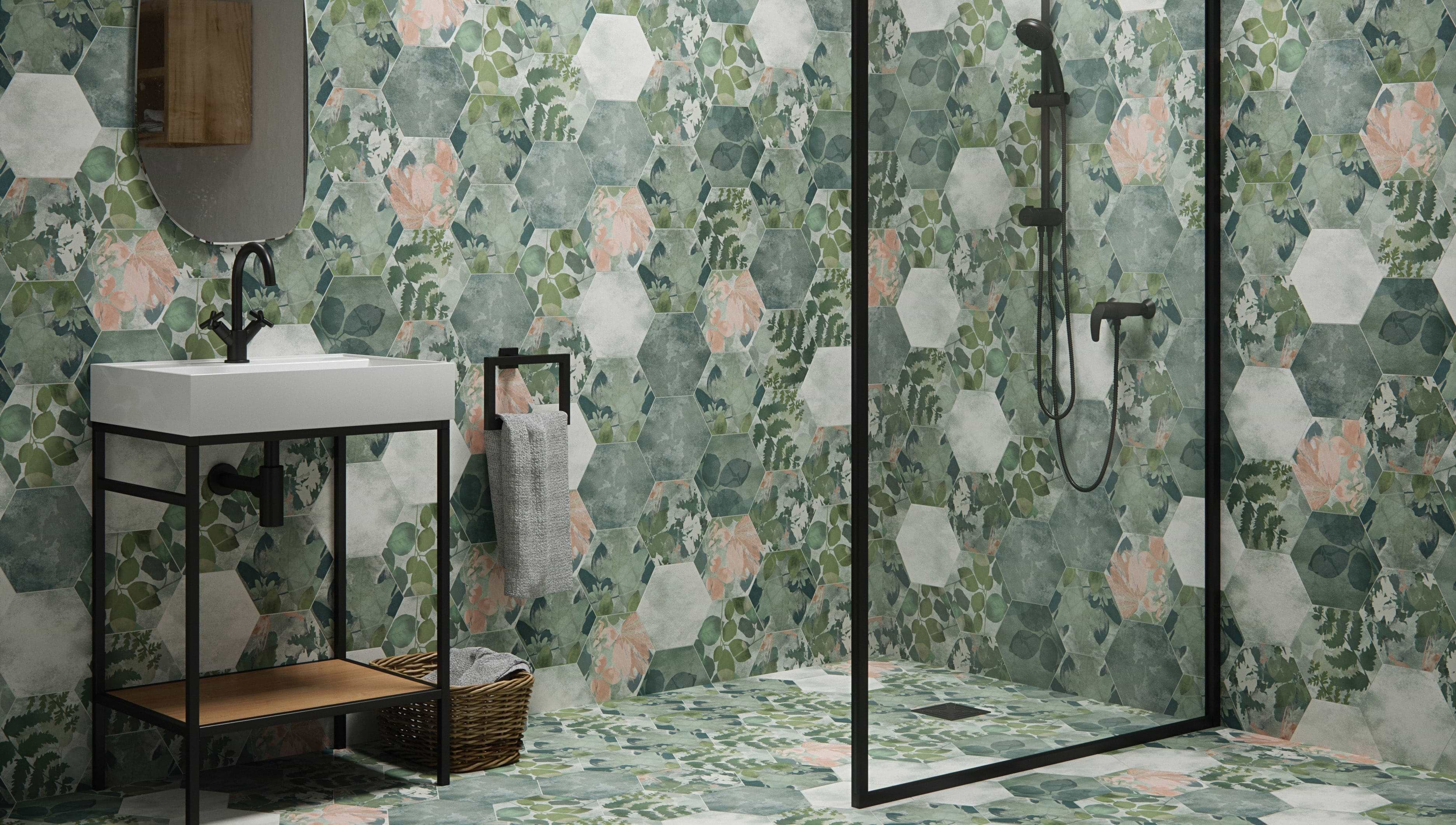 Woodland Glade porcelain tiles in wetroom stocked by Hyperion Tiles