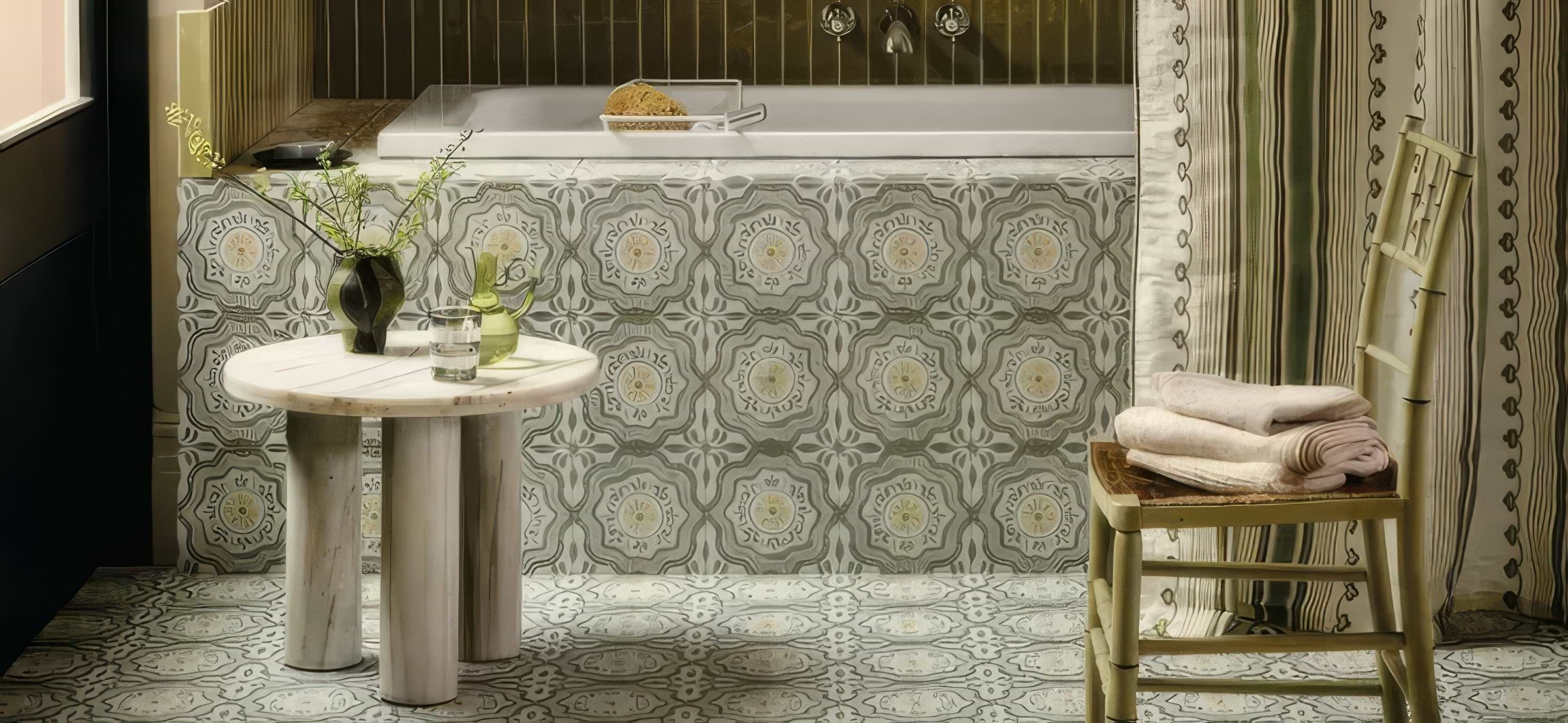 Nina Campbell Cochin Green wall and floor tiles stocked by Hyperion Tiles