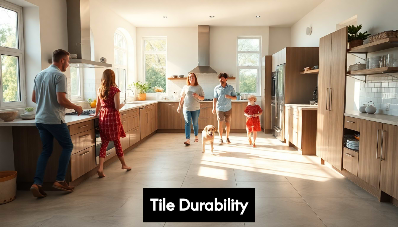 Bright modern kitchen with porcelain tiled floor