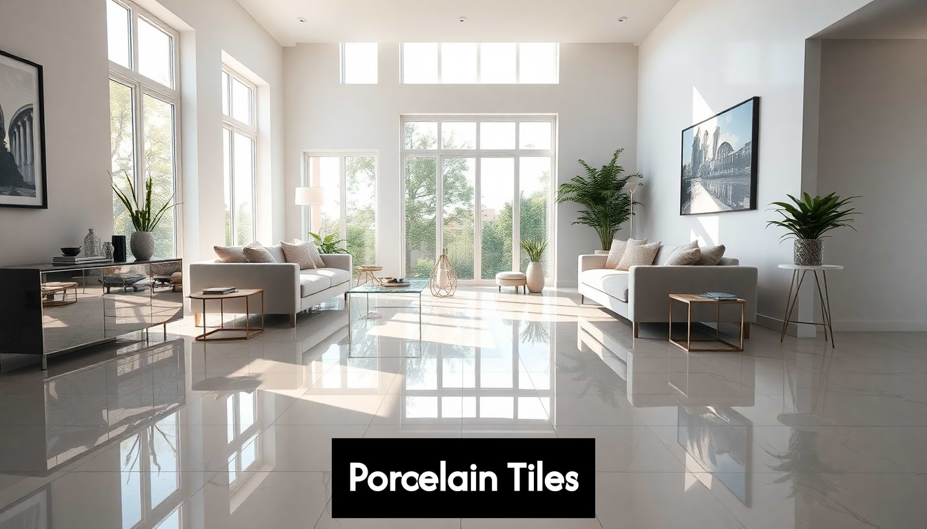 Elegant living room with porcelain tiles