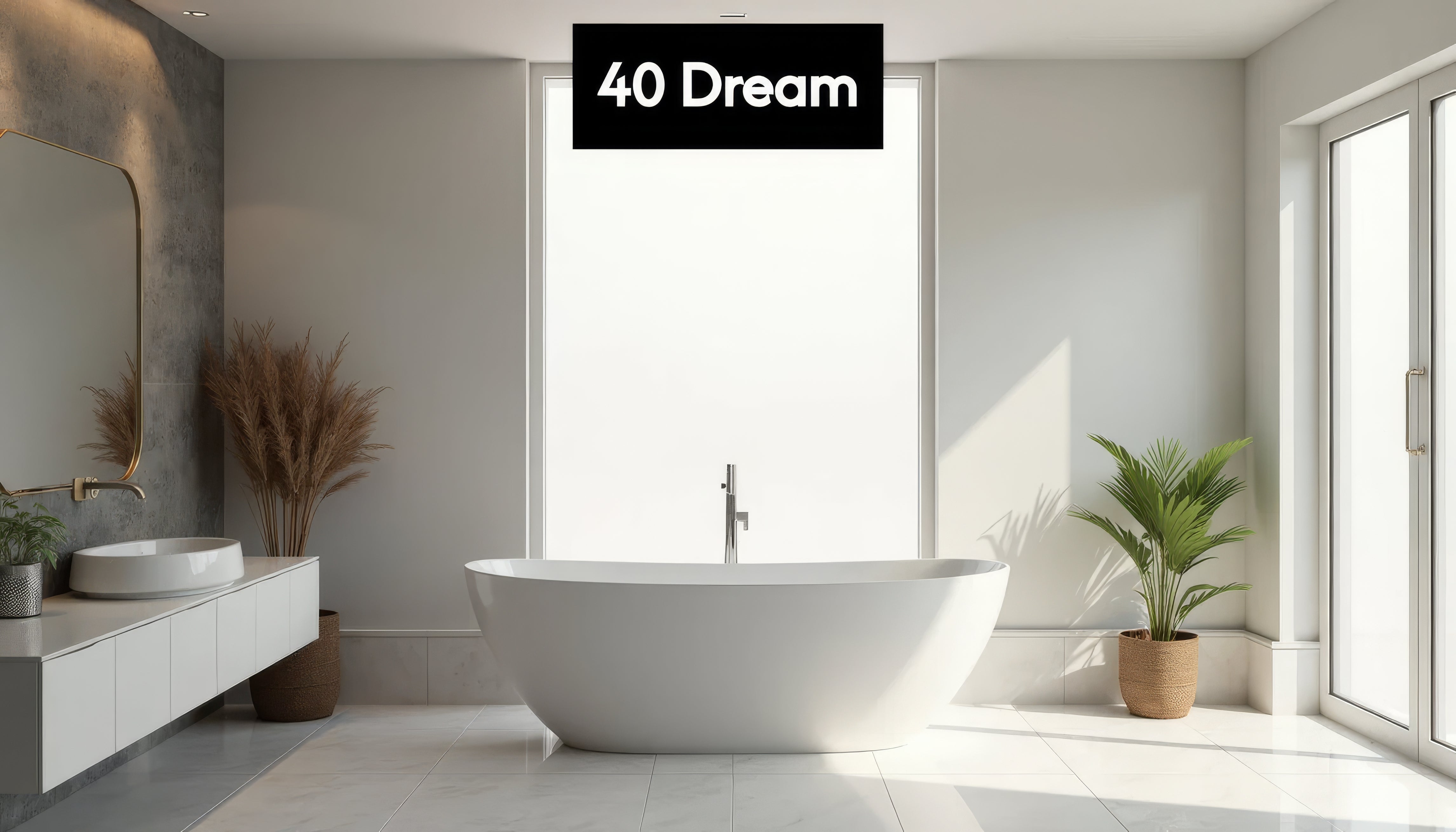 Luxury modern bathroom with white freestanding tub.