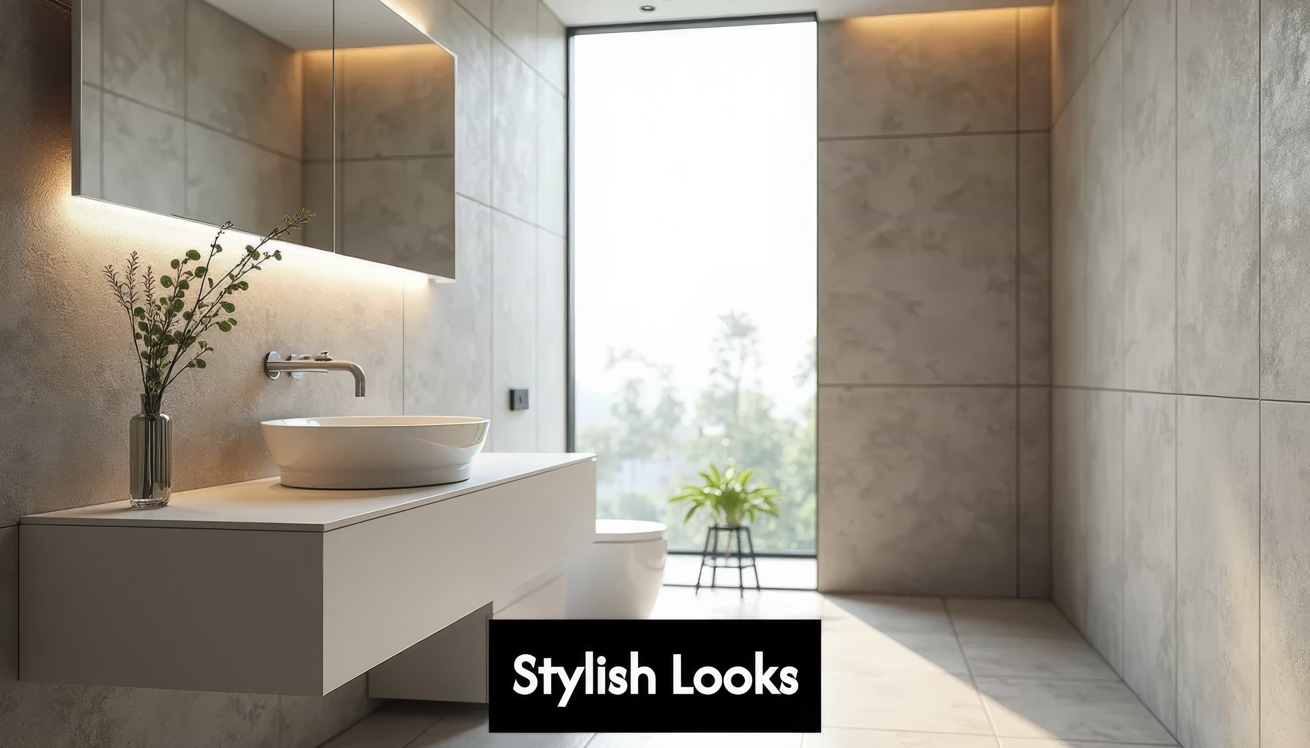 Modern bathroom with neutral textured tiles