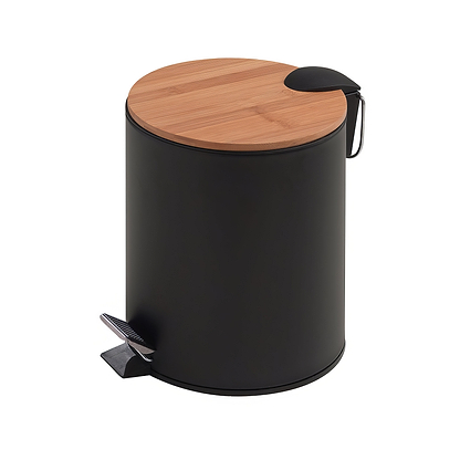  A close-up image of the Kenta Pedal Bin 5l – Black Bamboo, showcasing its smooth and matte black finish, with a convenient foot pedal for hands-free opening and a removable inner bucket for easy cleaning and maintenance