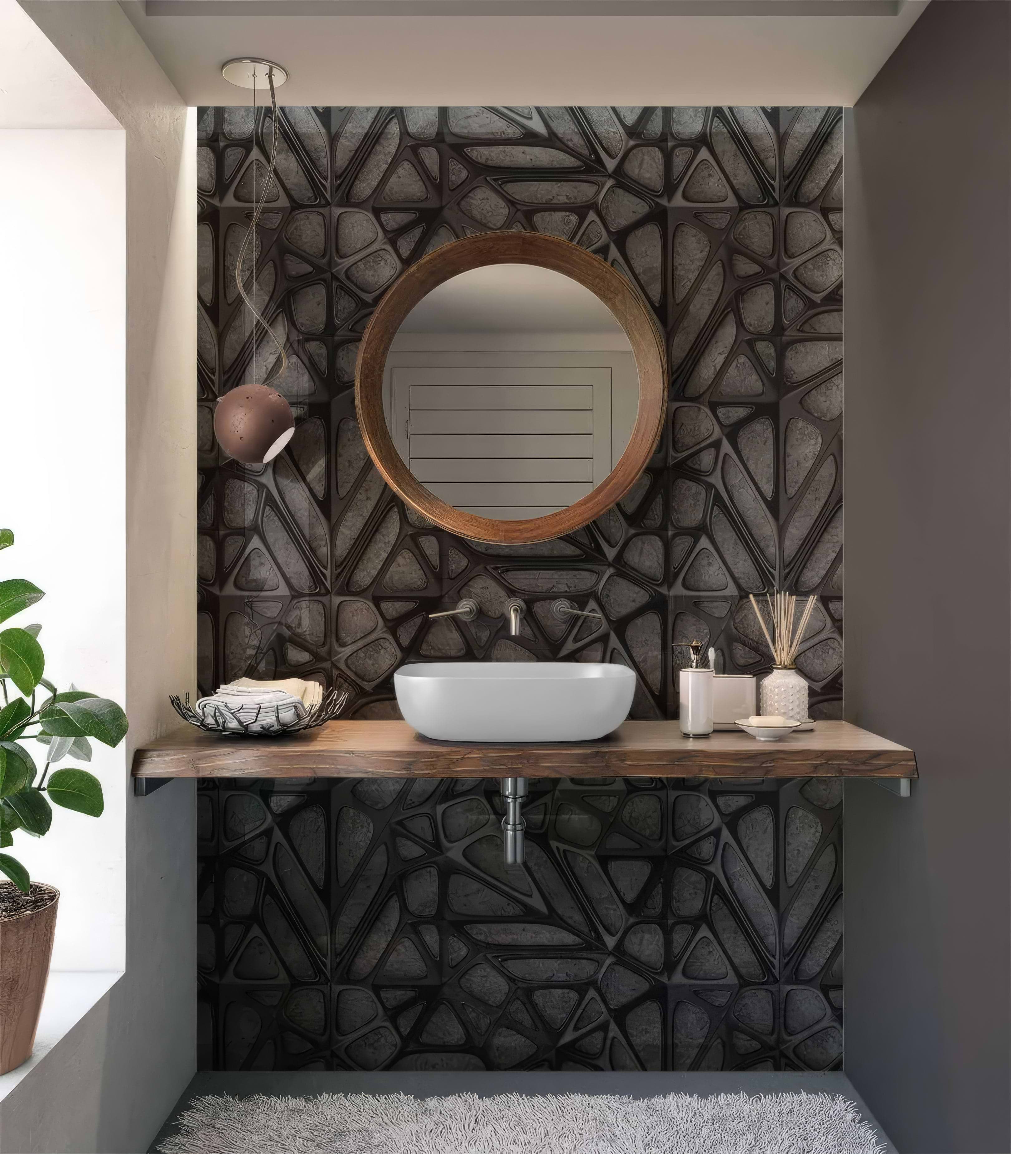 Black Lattice Grid on Concrete Shower Panel By Hyperion Tiles