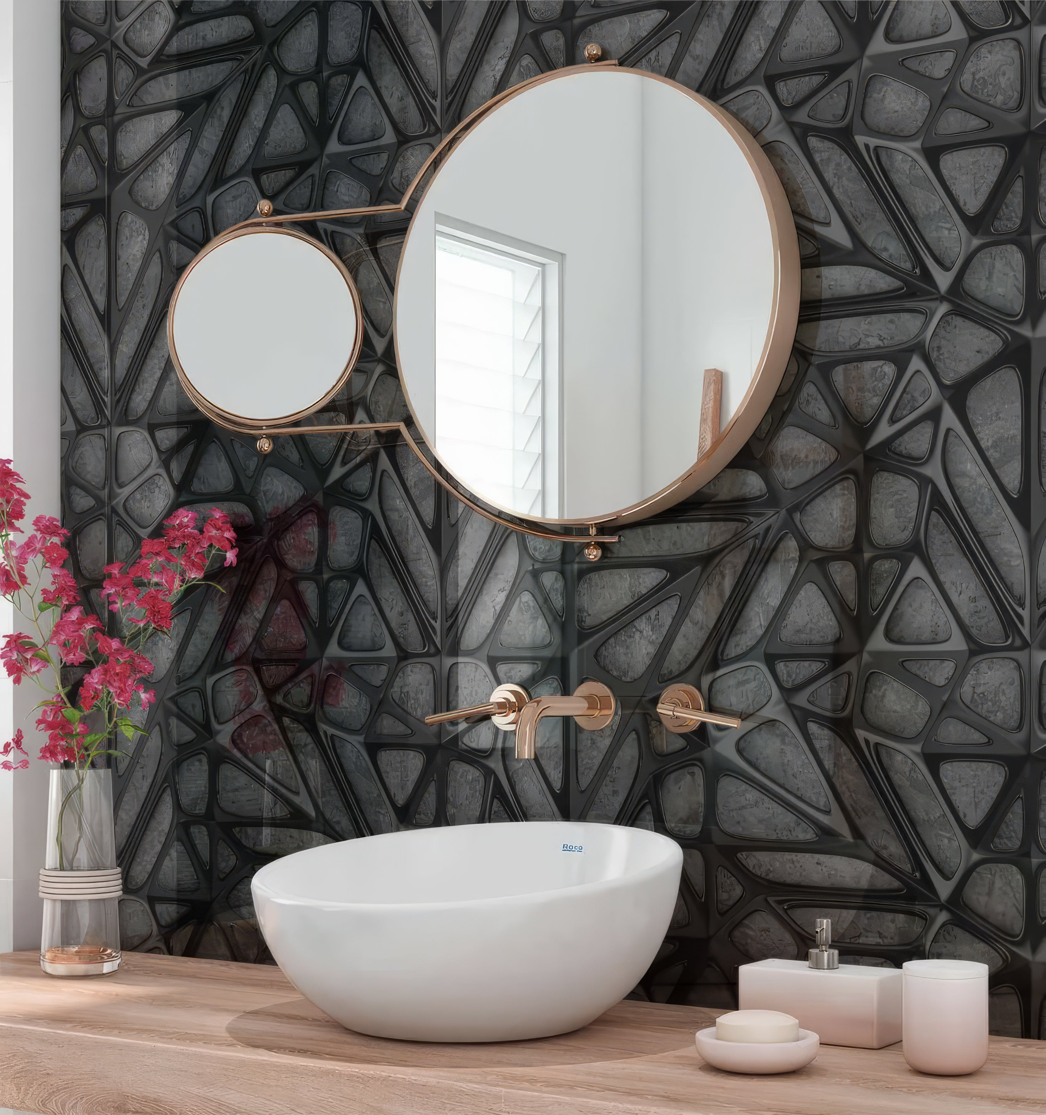 Black Lattice Grid on Concrete Shower Panel By Hyperion Tiles