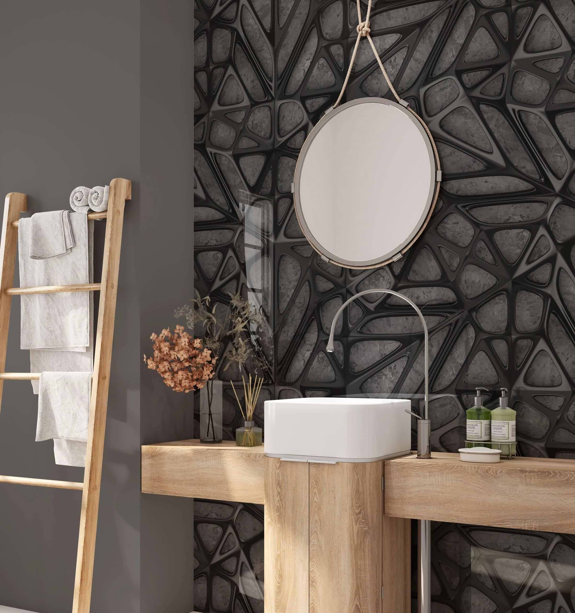 Black Lattice Grid on Concrete Shower Panel By Hyperion Tiles