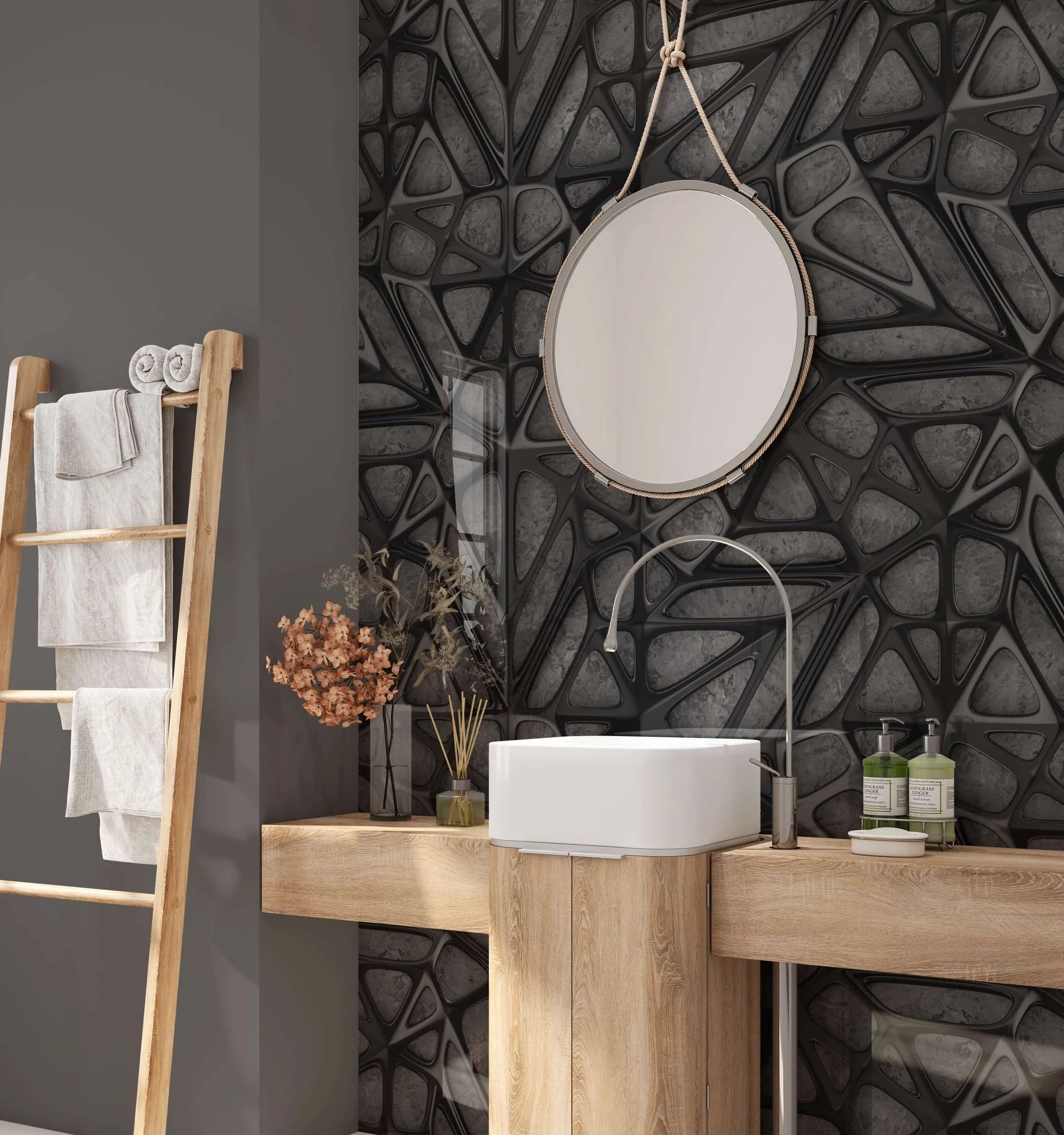 Black Lattice Grid on Concrete Shower Panel By Hyperion Tiles