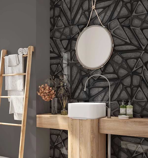 Black Lattice Grid on Concrete Shower Panel By Hyperion Tiles