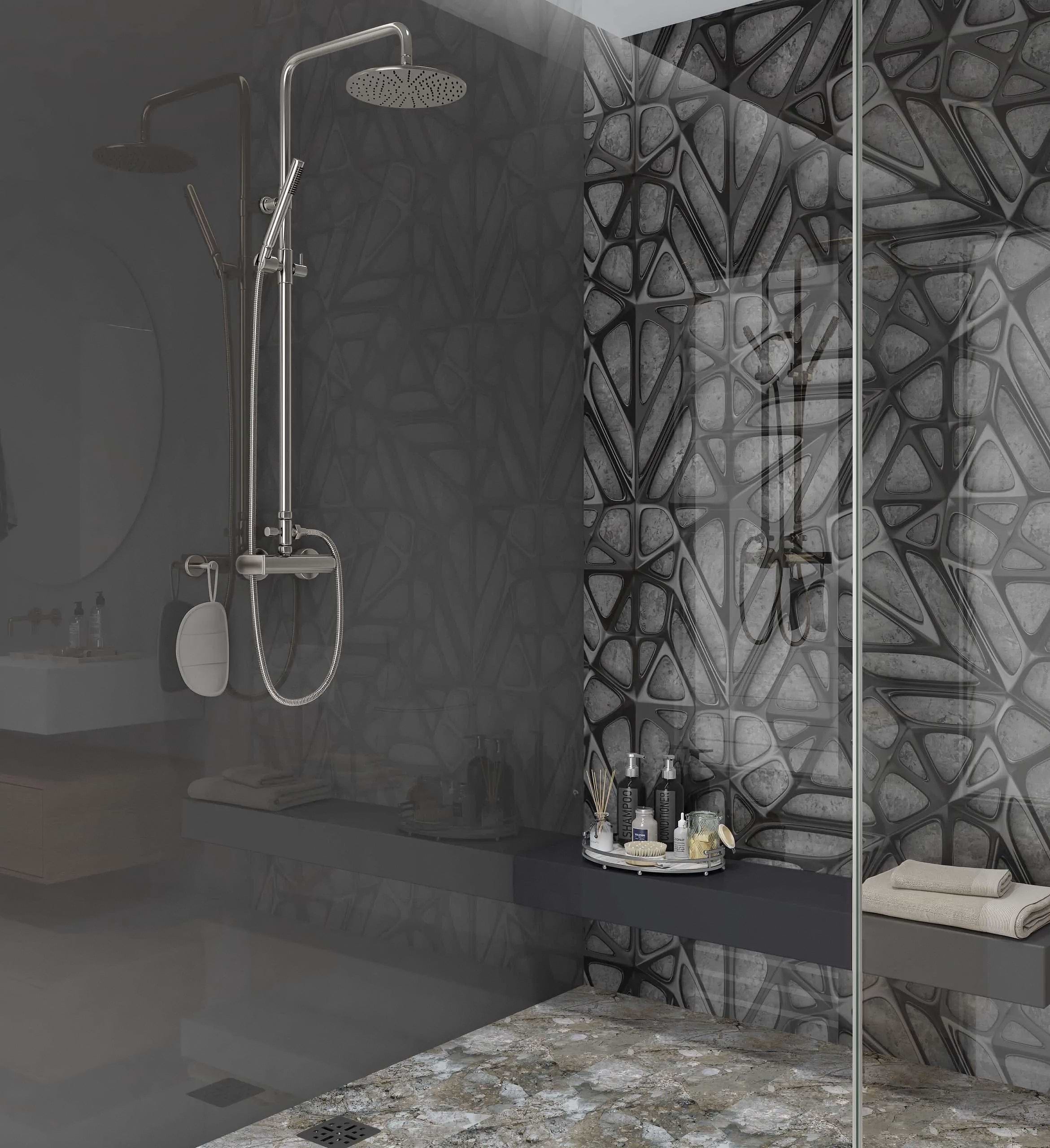 Black Lattice Grid on Concrete Shower Panel By Hyperion Tiles