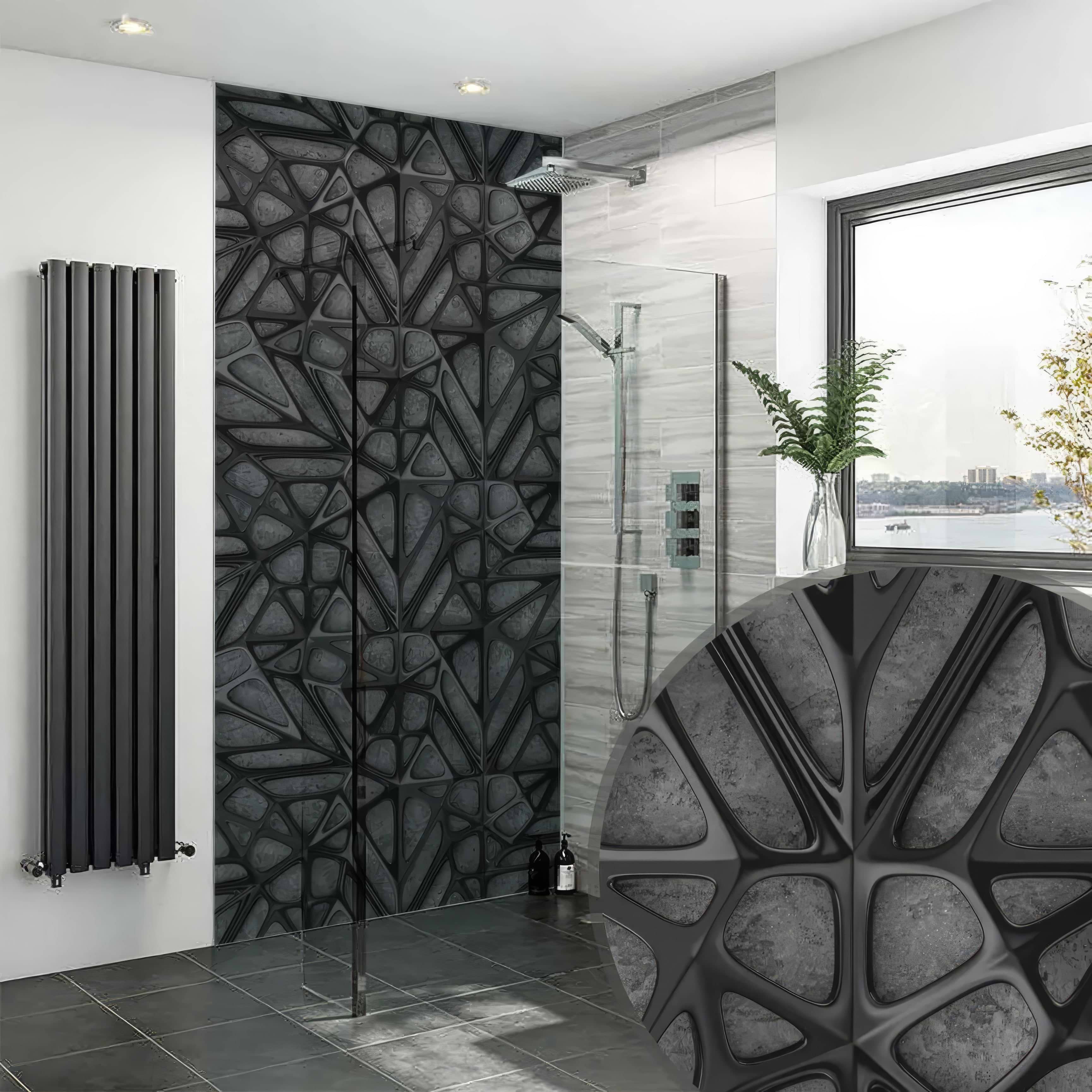 Black Lattice Grid on Concrete Shower Panel By Hyperion Tiles