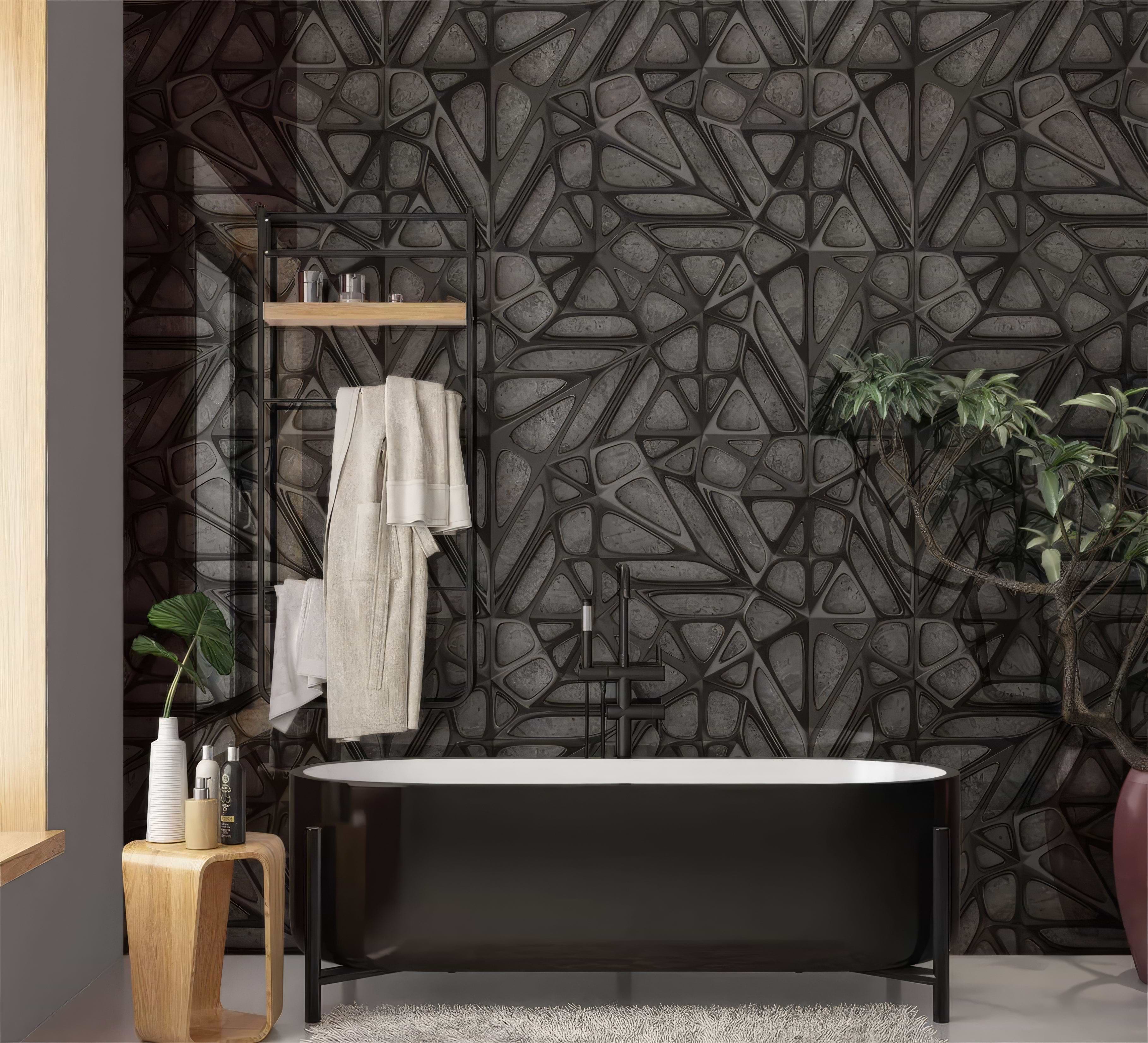 Black Lattice Grid on Concrete Shower Panel By Hyperion Tiles