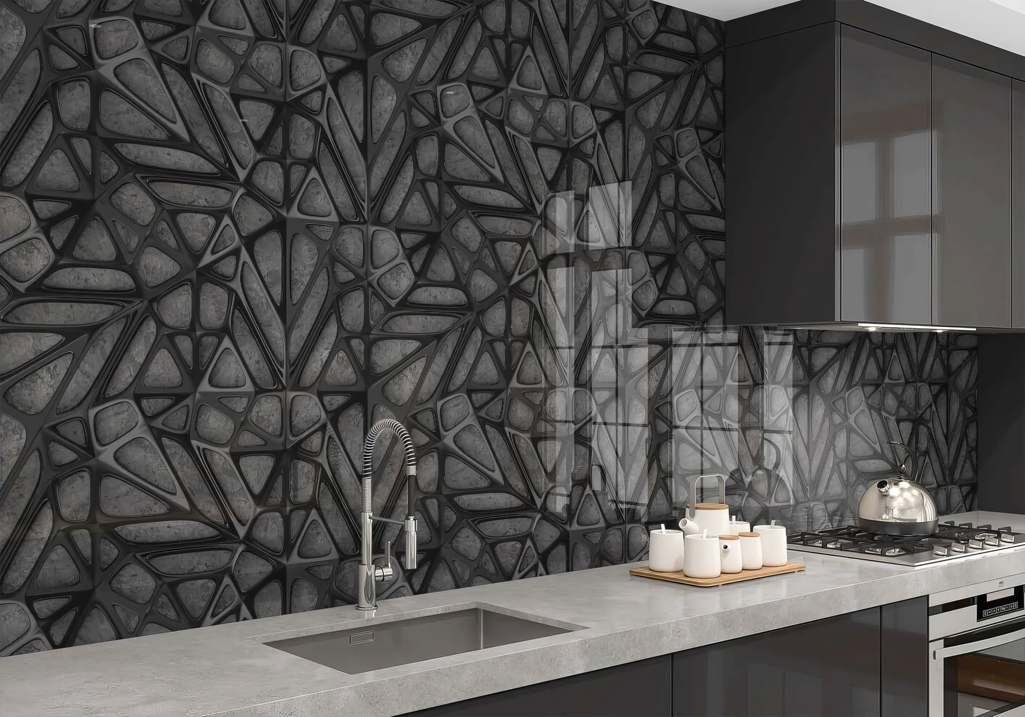 Black Lattice Grid on Concrete Shower Panel By Hyperion Tiles