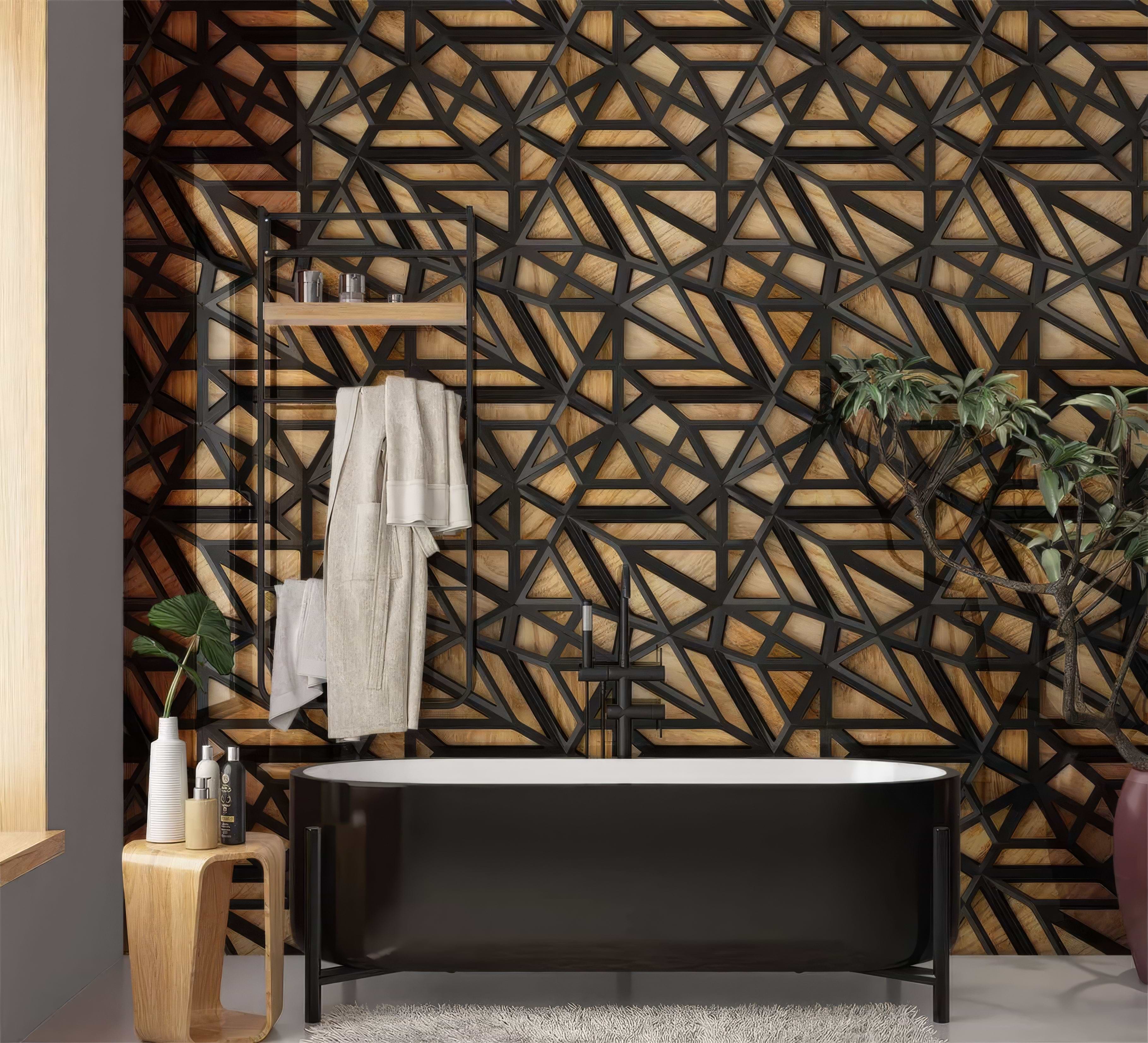 Black Lattice Grid on Wood Shower Panel By Hyperion Tiles