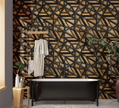 Black Lattice Grid on Wood Shower Panel By Hyperion Tiles