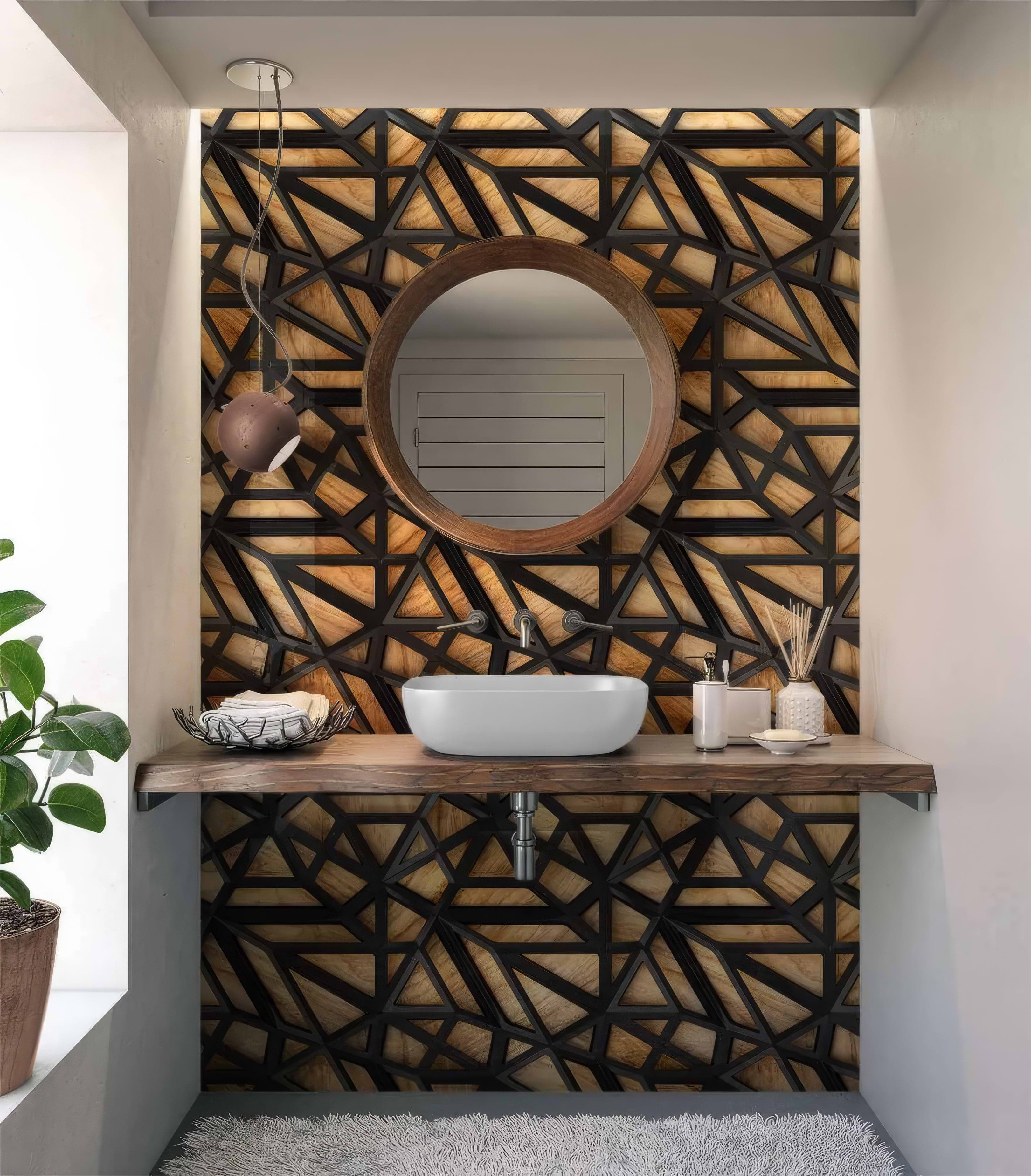 Black Lattice Grid on Wood Shower Panel By Hyperion Tiles