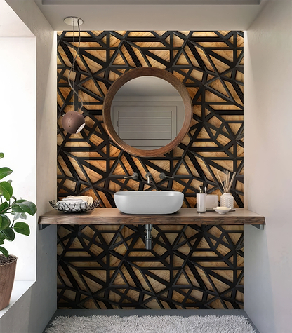 Black Lattice Grid on Wood Shower Panel By Hyperion Tiles