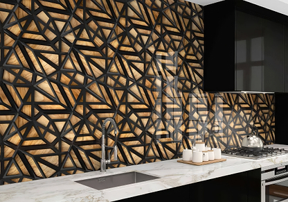 Black Lattice Grid on Wood Shower Panel By Hyperion Tiles