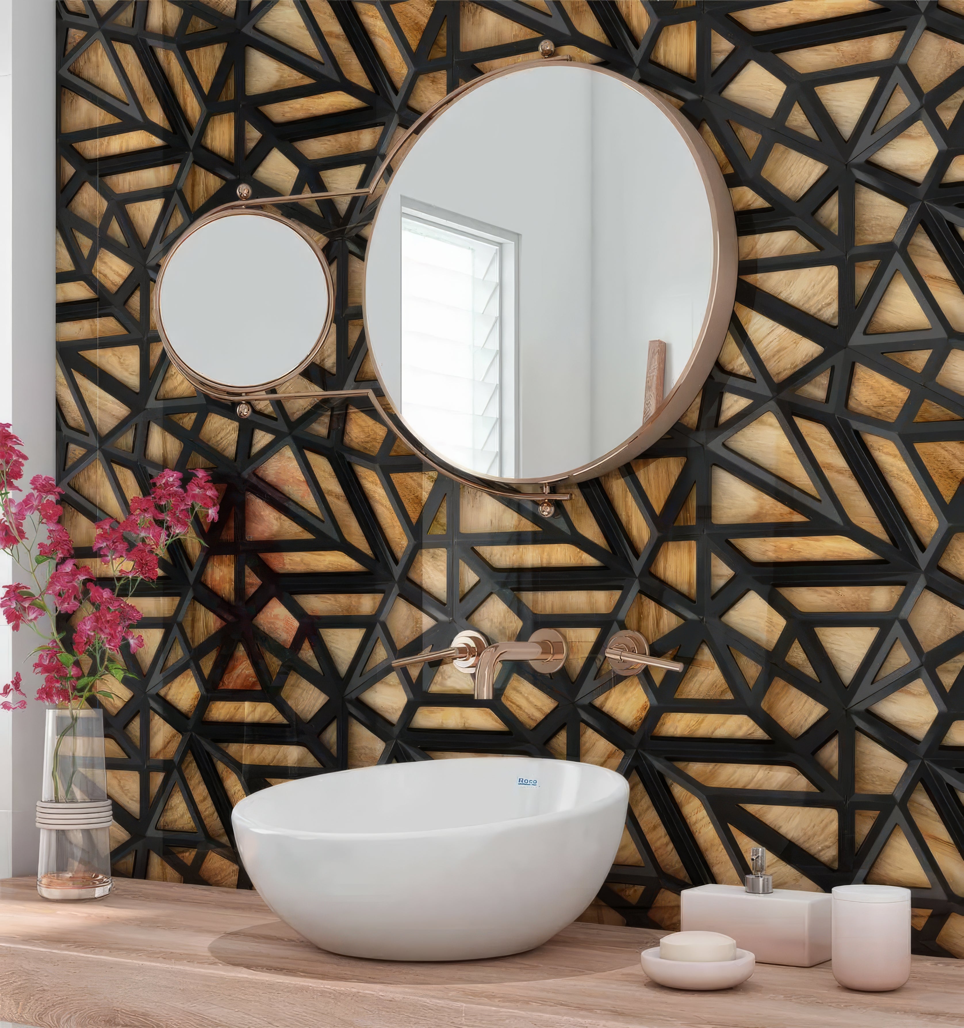 Black Lattice Grid on Wood Shower Panel By Hyperion Tiles