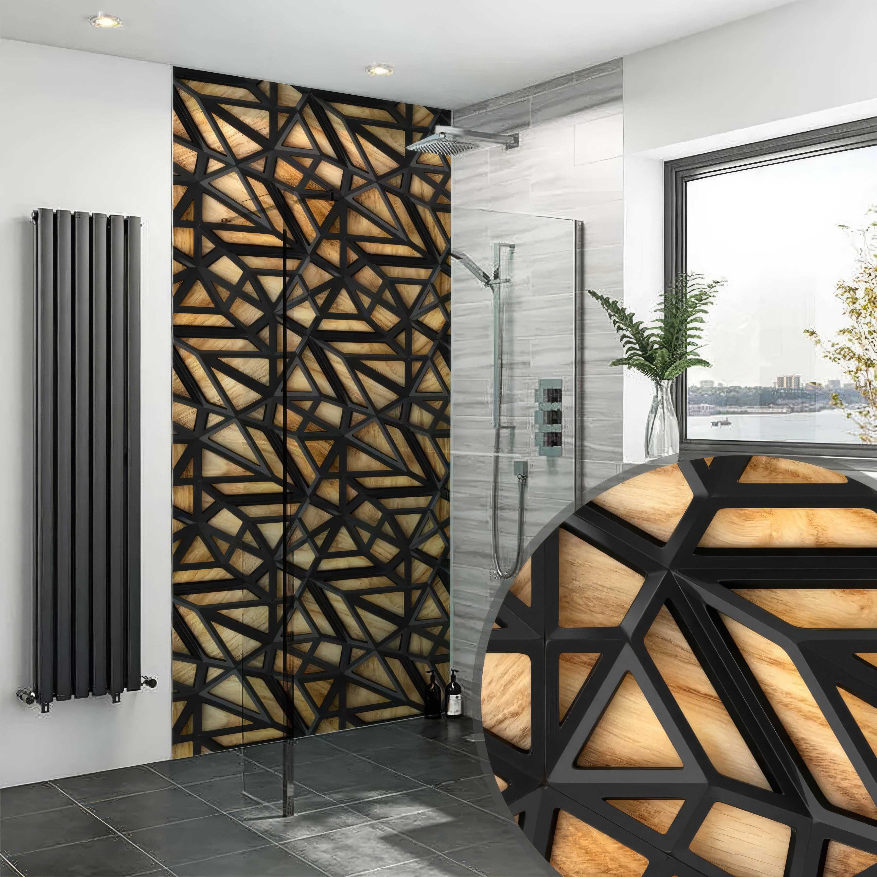Black Lattice Grid on Wood Shower Panel By Hyperion Tiles